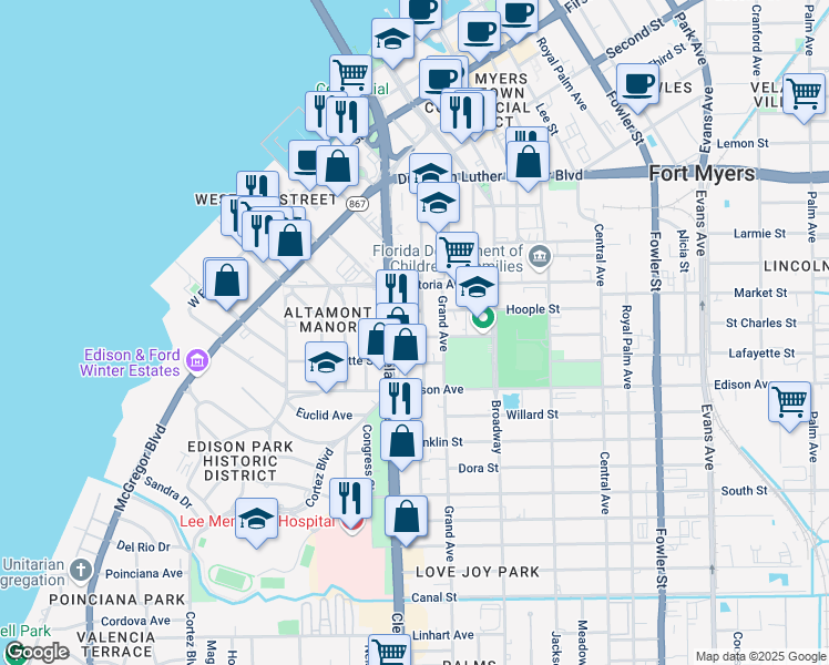 map of restaurants, bars, coffee shops, grocery stores, and more near 2258 Heitman Street in Fort Myers