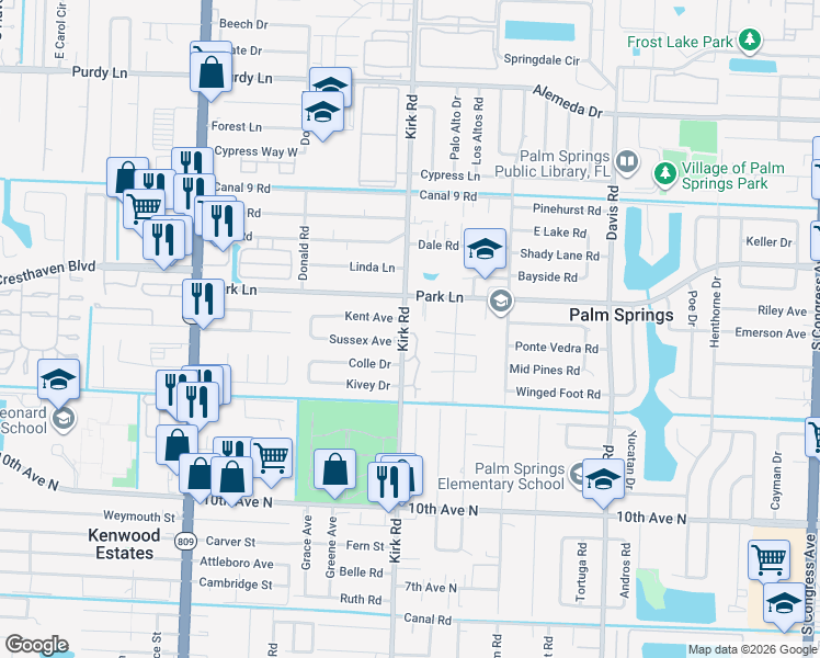 map of restaurants, bars, coffee shops, grocery stores, and more near 2810 Kirk Road in Lake Worth