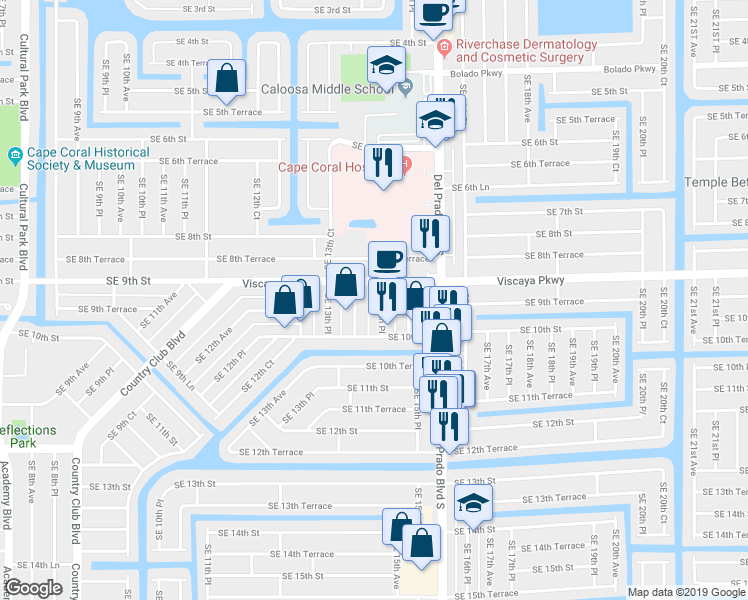 map of restaurants, bars, coffee shops, grocery stores, and more near 910 Southeast 14th Place in Cape Coral
