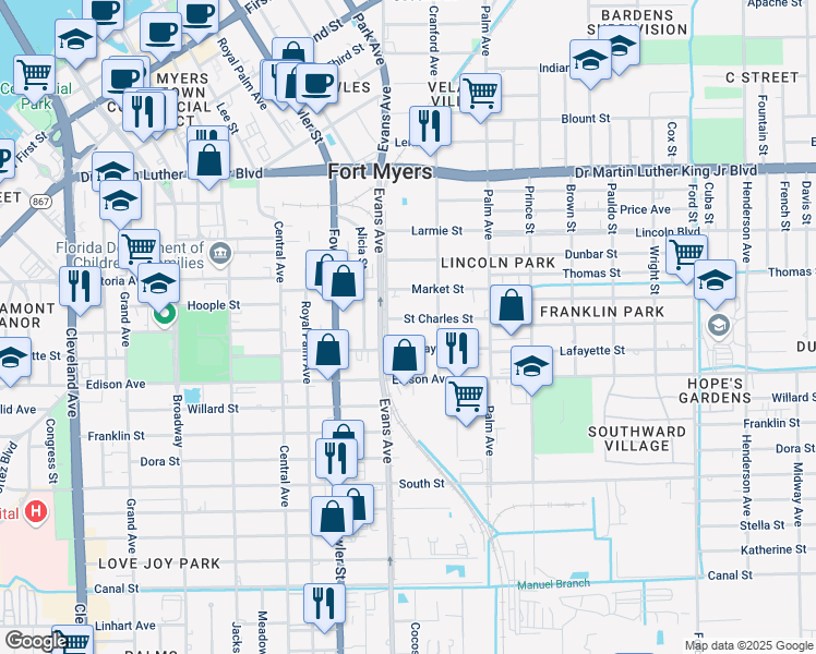 map of restaurants, bars, coffee shops, grocery stores, and more near 2628 Saint Charles Street in Fort Myers