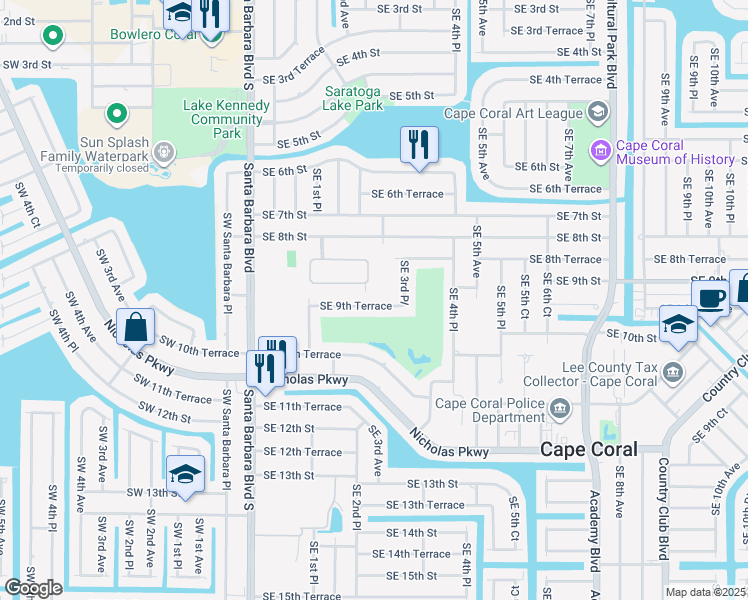 map of restaurants, bars, coffee shops, grocery stores, and more near 227 Southeast 9th Terrace in Cape Coral