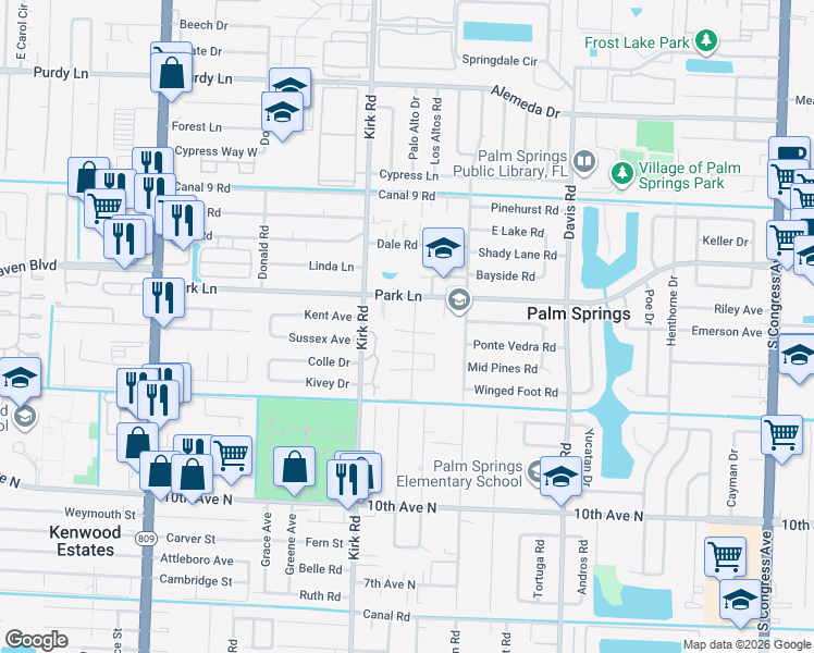 map of restaurants, bars, coffee shops, grocery stores, and more near 3895 Espan Court in Lake Worth