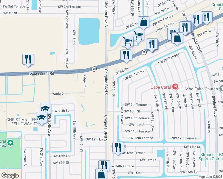 map of restaurants, bars, coffee shops, grocery stores, and more near 926 Southwest 15th Place in Cape Coral