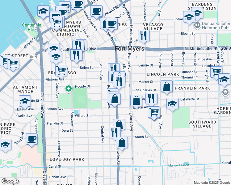 map of restaurants, bars, coffee shops, grocery stores, and more near 2256C Fowler Street in Fort Myers