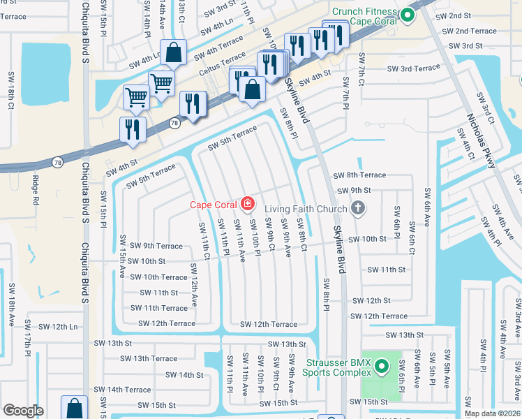 map of restaurants, bars, coffee shops, grocery stores, and more near 802 Southwest 9th Court in Cape Coral