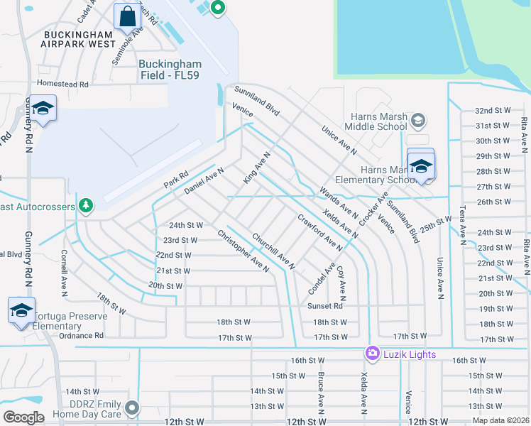map of restaurants, bars, coffee shops, grocery stores, and more near 2407 Carlton Avenue North in Lehigh Acres