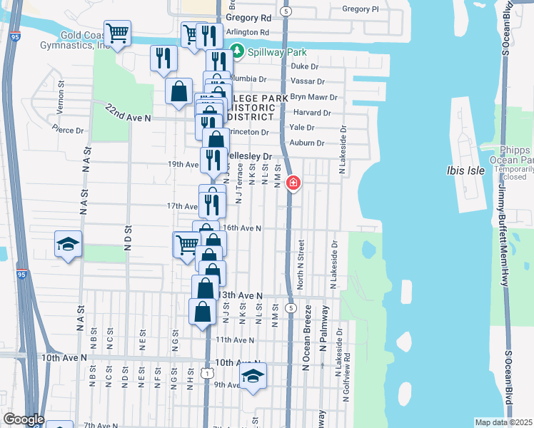 map of restaurants, bars, coffee shops, grocery stores, and more near 1622 North L Street in Lake Worth