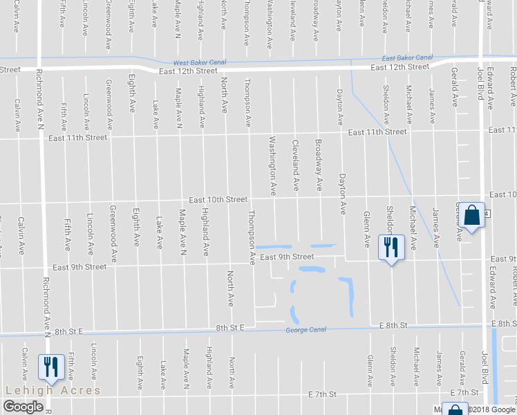 map of restaurants, bars, coffee shops, grocery stores, and more near 920 Thompson Avenue in Lehigh Acres