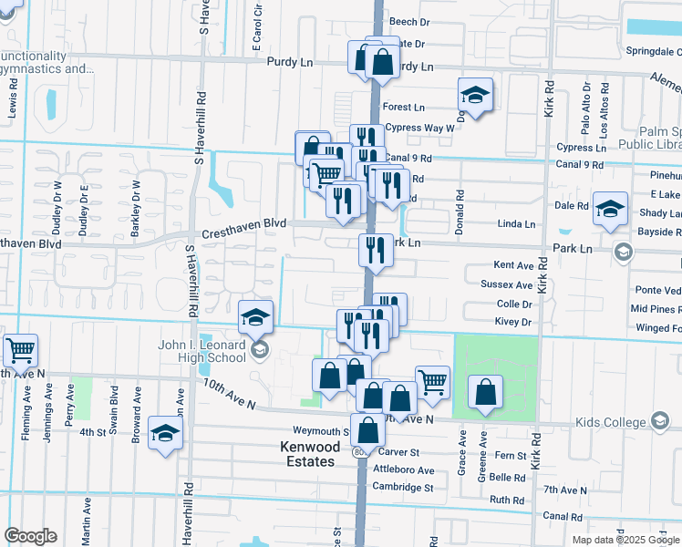map of restaurants, bars, coffee shops, grocery stores, and more near 2859 South Military Trail in West Palm Beach