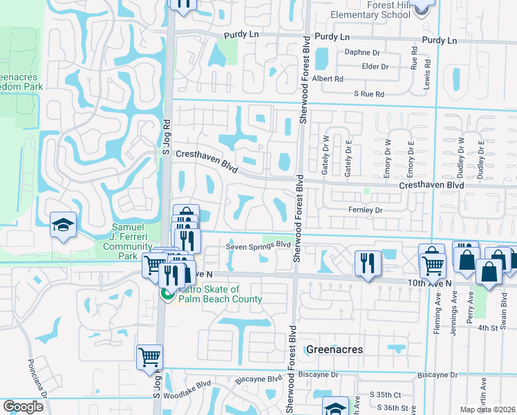 map of restaurants, bars, coffee shops, grocery stores, and more near 818 Sky Pine Way in Greenacres