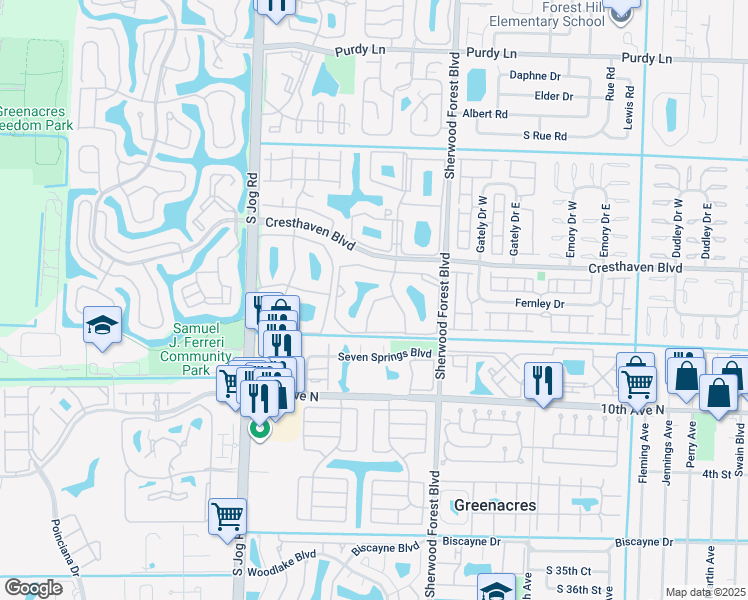 map of restaurants, bars, coffee shops, grocery stores, and more near 818 Sky Pine Way in Greenacres