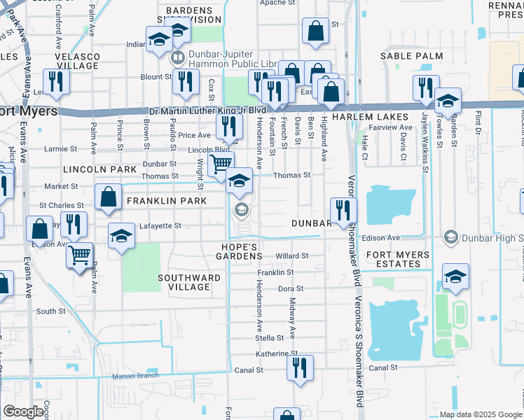 map of restaurants, bars, coffee shops, grocery stores, and more near 3301 Armstrong Court in Fort Myers