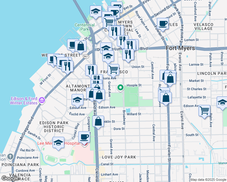 map of restaurants, bars, coffee shops, grocery stores, and more near 2115 Crawford Street in Fort Myers