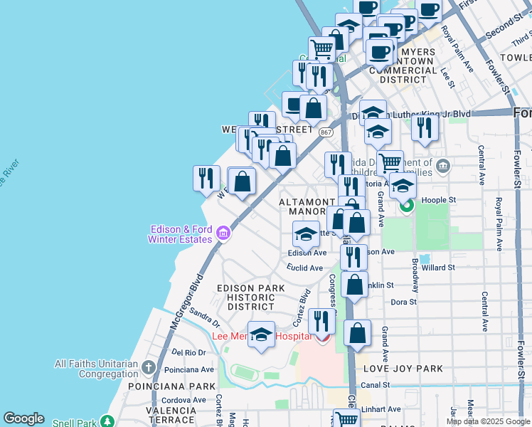 map of restaurants, bars, coffee shops, grocery stores, and more near 2139 Virginia Avenue in Fort Myers