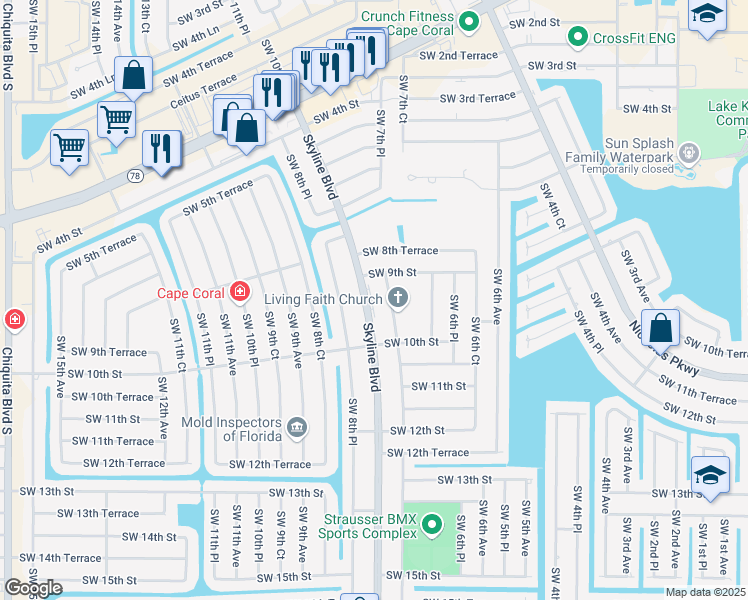 map of restaurants, bars, coffee shops, grocery stores, and more near 915 Skyline Boulevard in Cape Coral