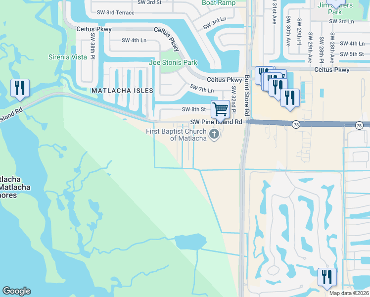 map of restaurants, bars, coffee shops, grocery stores, and more near 11871 Pompano Avenue in Cape Coral