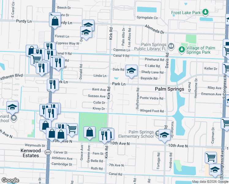 map of restaurants, bars, coffee shops, grocery stores, and more near 2810 Kirk Road in Lake Worth