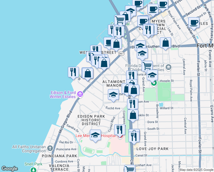 map of restaurants, bars, coffee shops, grocery stores, and more near 2249 Euclid Avenue in Fort Myers