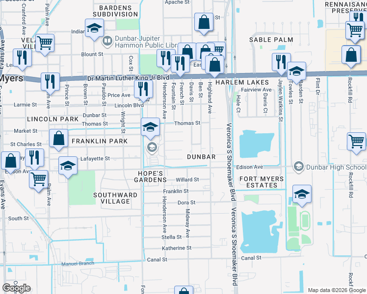 map of restaurants, bars, coffee shops, grocery stores, and more near 3319 Armstrong Court in Fort Myers