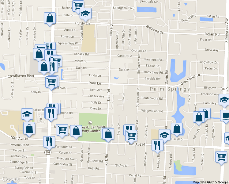 map of restaurants, bars, coffee shops, grocery stores, and more near 2828 Kirk Road in Lake Worth