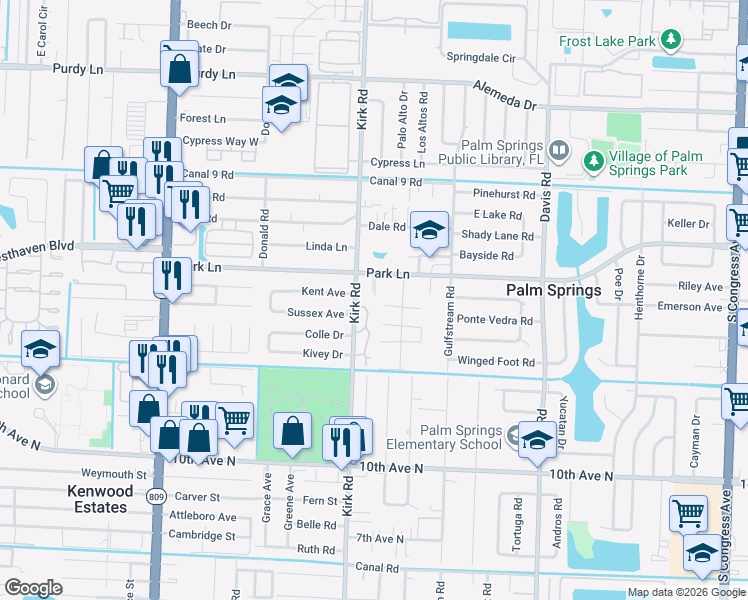 map of restaurants, bars, coffee shops, grocery stores, and more near 2810 Kirk Road in Lake Worth
