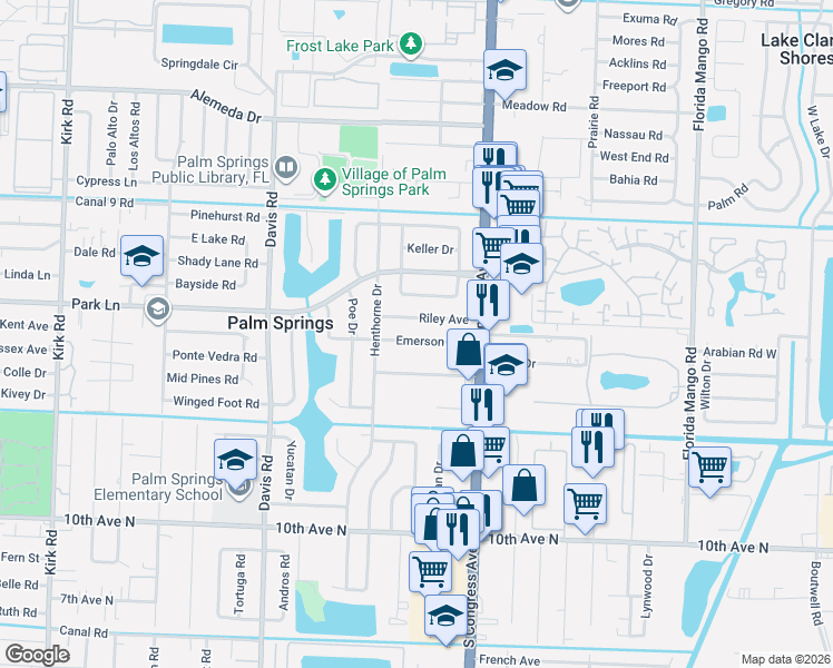 map of restaurants, bars, coffee shops, grocery stores, and more near 3153 Emerson Avenue in Palm Springs