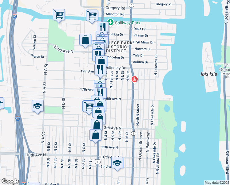 map of restaurants, bars, coffee shops, grocery stores, and more near 1622 North J Terrace in Lake Worth