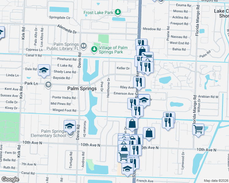 map of restaurants, bars, coffee shops, grocery stores, and more near 3153 Emerson Avenue in Palm Springs