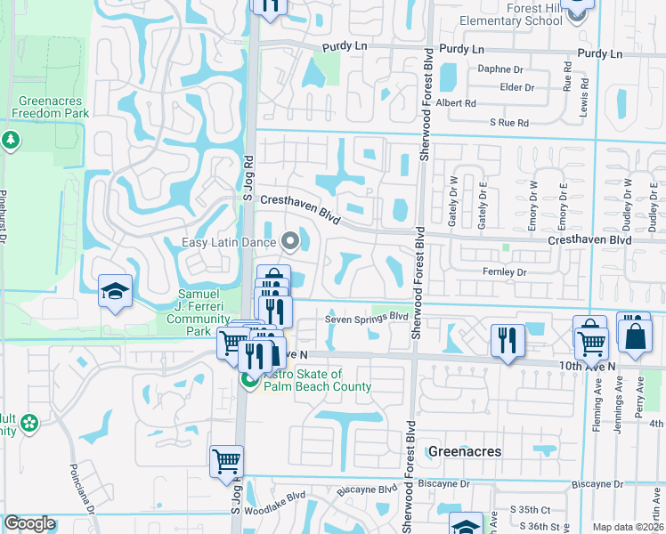 map of restaurants, bars, coffee shops, grocery stores, and more near 812 Sky Pine Way in Greenacres