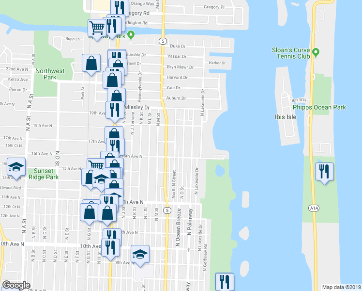 map of restaurants, bars, coffee shops, grocery stores, and more near 1627 North O Street in Lake Worth