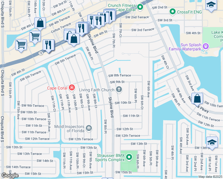 map of restaurants, bars, coffee shops, grocery stores, and more near 915 Skyline Boulevard in Cape Coral