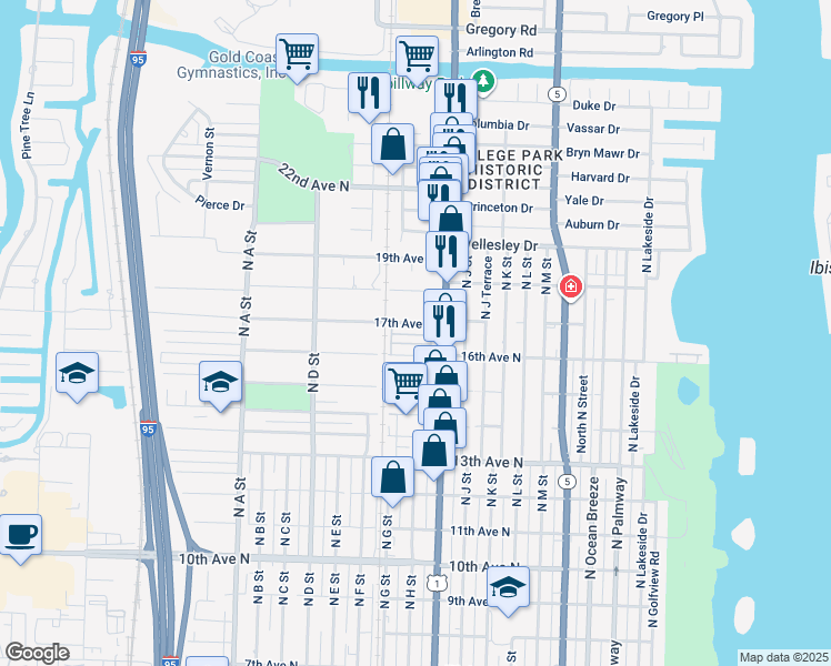 map of restaurants, bars, coffee shops, grocery stores, and more near 1601 North Dixie Highway in Lake Worth