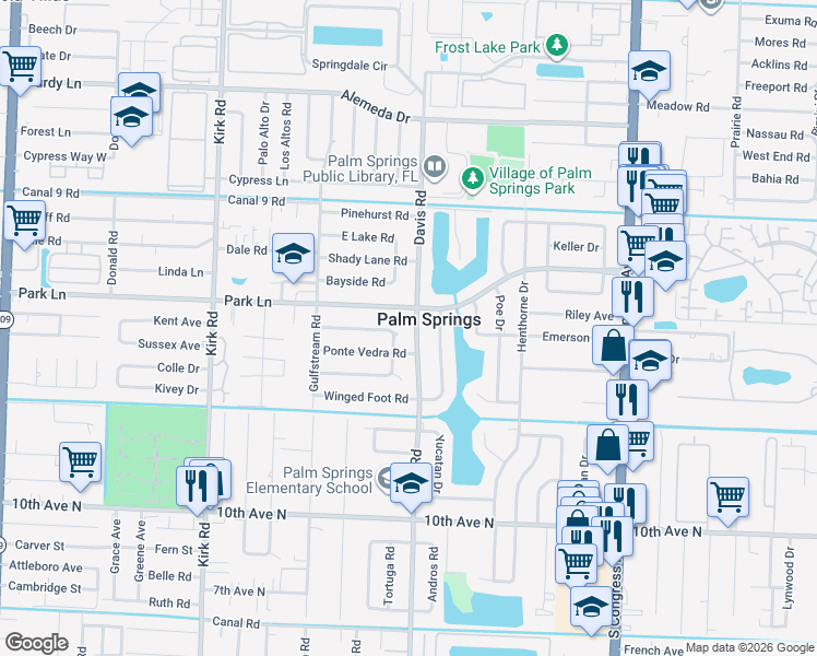 map of restaurants, bars, coffee shops, grocery stores, and more near 257 Davis Road in Palm Springs