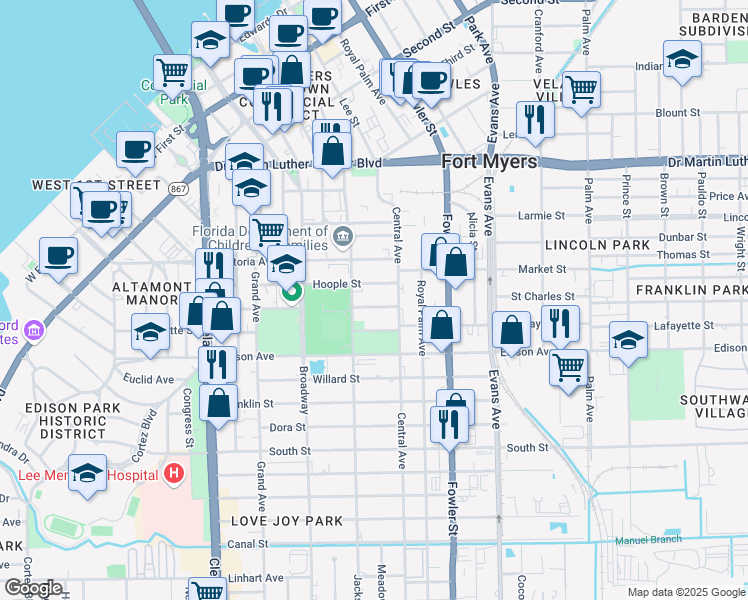 map of restaurants, bars, coffee shops, grocery stores, and more near 2335 Crawford Street in Fort Myers