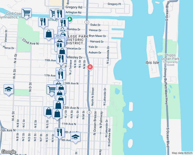 map of restaurants, bars, coffee shops, grocery stores, and more near 1622 North O Street in Lake Worth