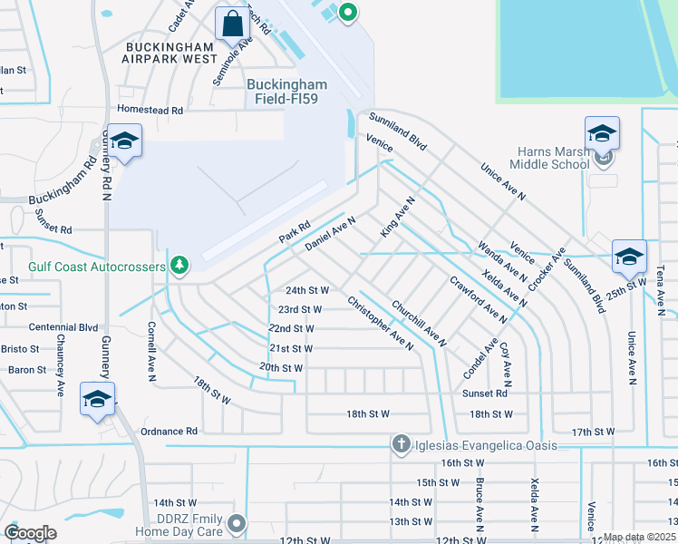map of restaurants, bars, coffee shops, grocery stores, and more near 2405 Churchill Avenue North in Lehigh Acres