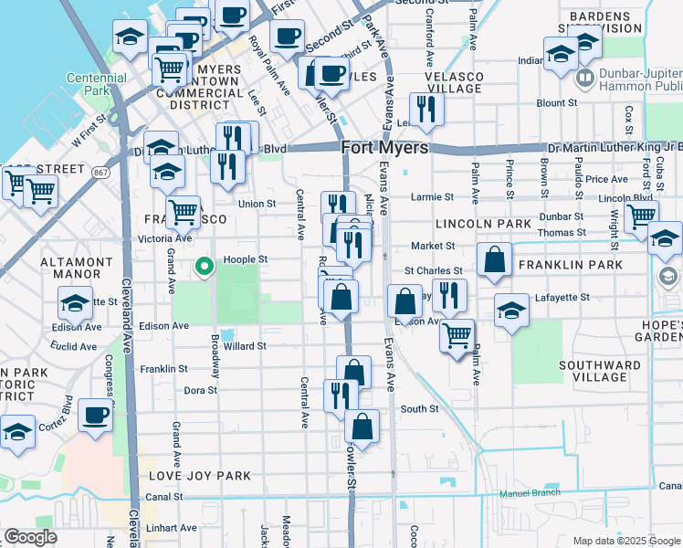 map of restaurants, bars, coffee shops, grocery stores, and more near 2256C Fowler Street in Fort Myers
