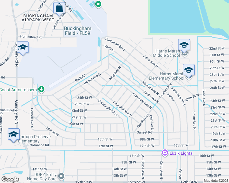 map of restaurants, bars, coffee shops, grocery stores, and more near 2407 Carlton Avenue North in Lehigh Acres