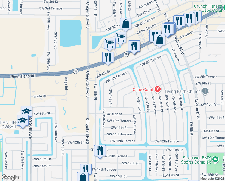map of restaurants, bars, coffee shops, grocery stores, and more near 811 Southwest 14th Place in Cape Coral