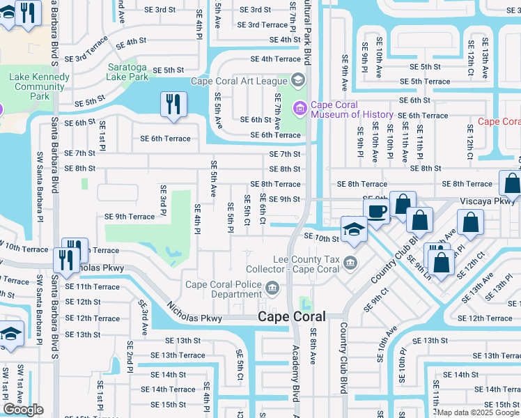 map of restaurants, bars, coffee shops, grocery stores, and more near 912 Southeast 6th Court in Cape Coral