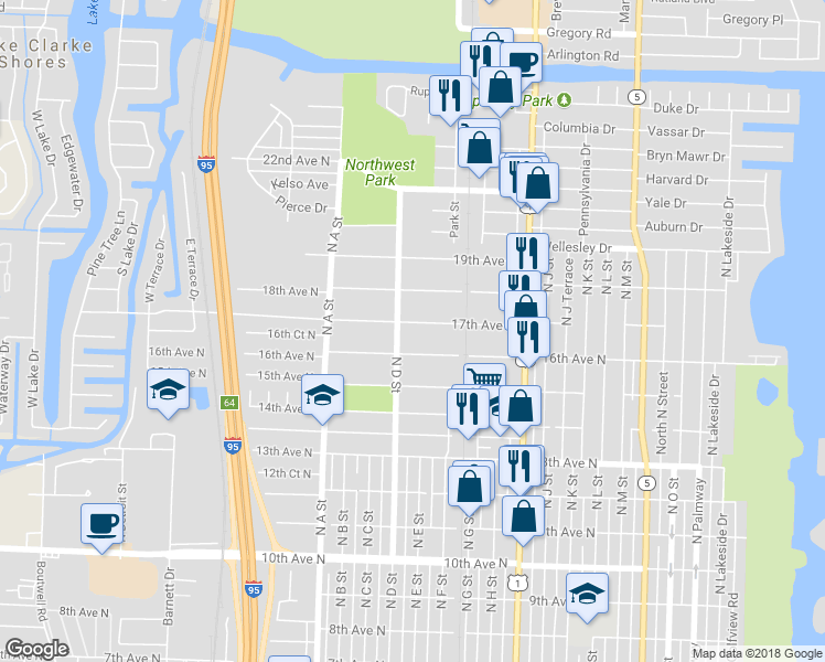 map of restaurants, bars, coffee shops, grocery stores, and more near 1247 17th Avenue North in Lake Worth