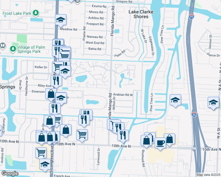 map of restaurants, bars, coffee shops, grocery stores, and more near Florida Mango Rd & Arabian Rd in Lake Clarke Shores
