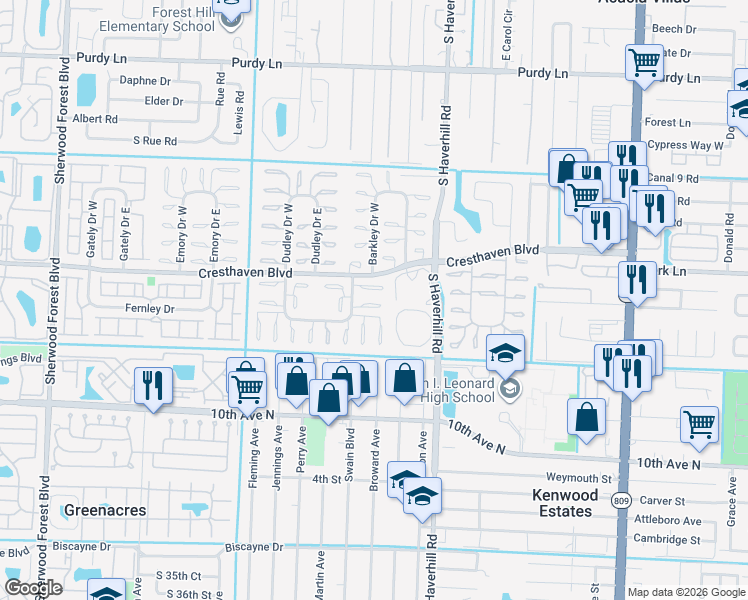 map of restaurants, bars, coffee shops, grocery stores, and more near 2864 Crosley Drive East in West Palm Beach