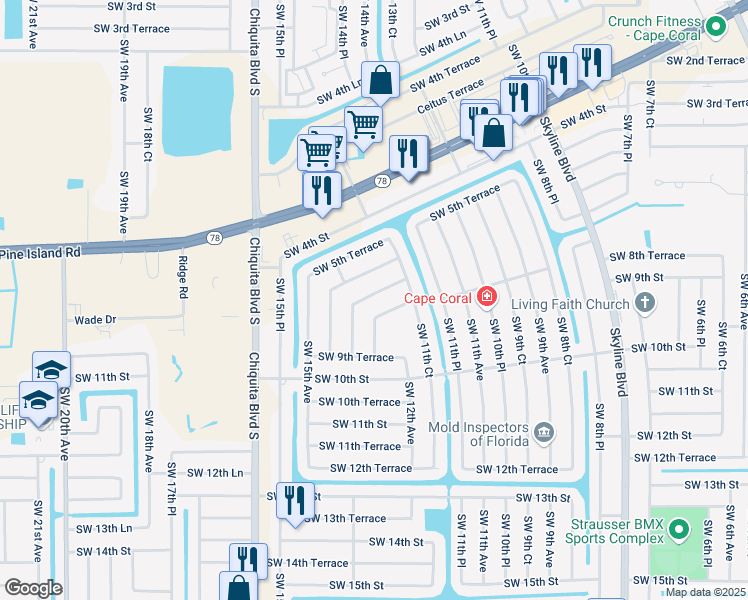 map of restaurants, bars, coffee shops, grocery stores, and more near 1214 Southwest 7th Terrace in Cape Coral