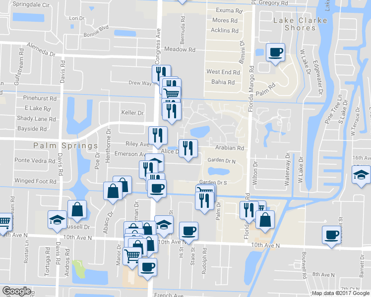 map of restaurants, bars, coffee shops, grocery stores, and more near 417 Arabian Road in Palm Springs