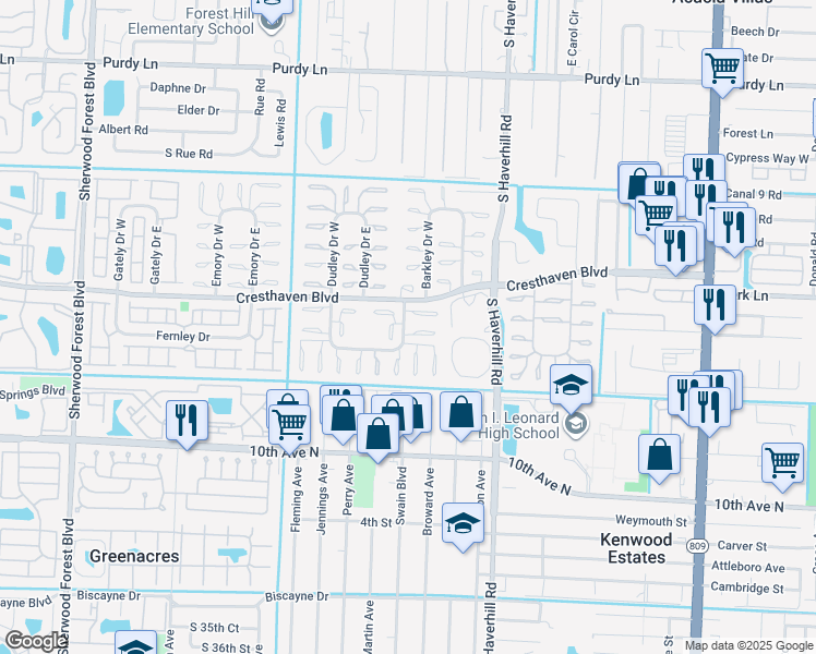 map of restaurants, bars, coffee shops, grocery stores, and more near 2900 Crosley Drive East in West Palm Beach