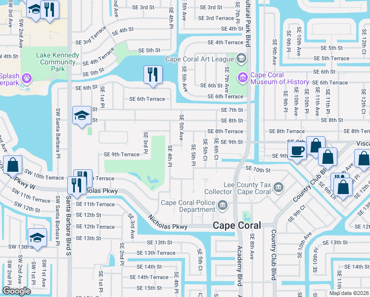 map of restaurants, bars, coffee shops, grocery stores, and more near 907 Southeast 5th Avenue in Cape Coral