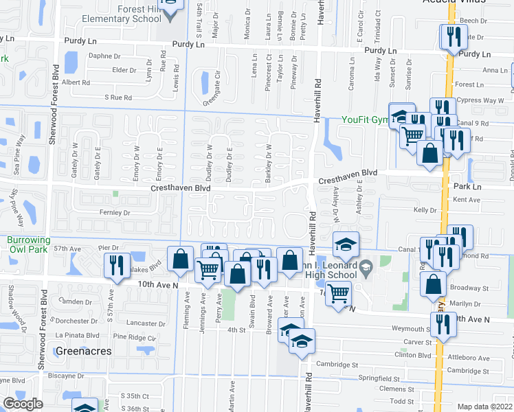 map of restaurants, bars, coffee shops, grocery stores, and more near 2900 Crosley Drive East in West Palm Beach