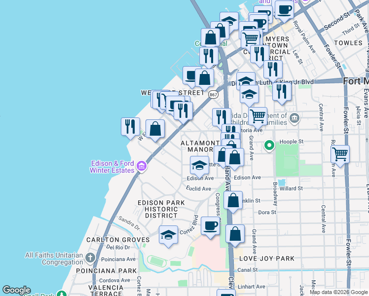 map of restaurants, bars, coffee shops, grocery stores, and more near 2249 Euclid Avenue in Fort Myers