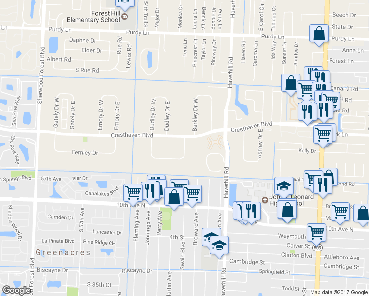 map of restaurants, bars, coffee shops, grocery stores, and more near 2864 Crosley Drive East in West Palm Beach